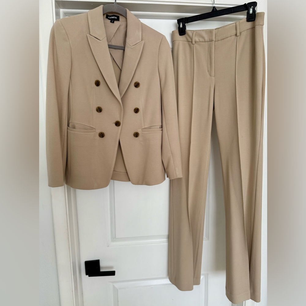 Express Gorgeous Suit - Tan Double-Breasted Blazer and Front Seamed Trousers